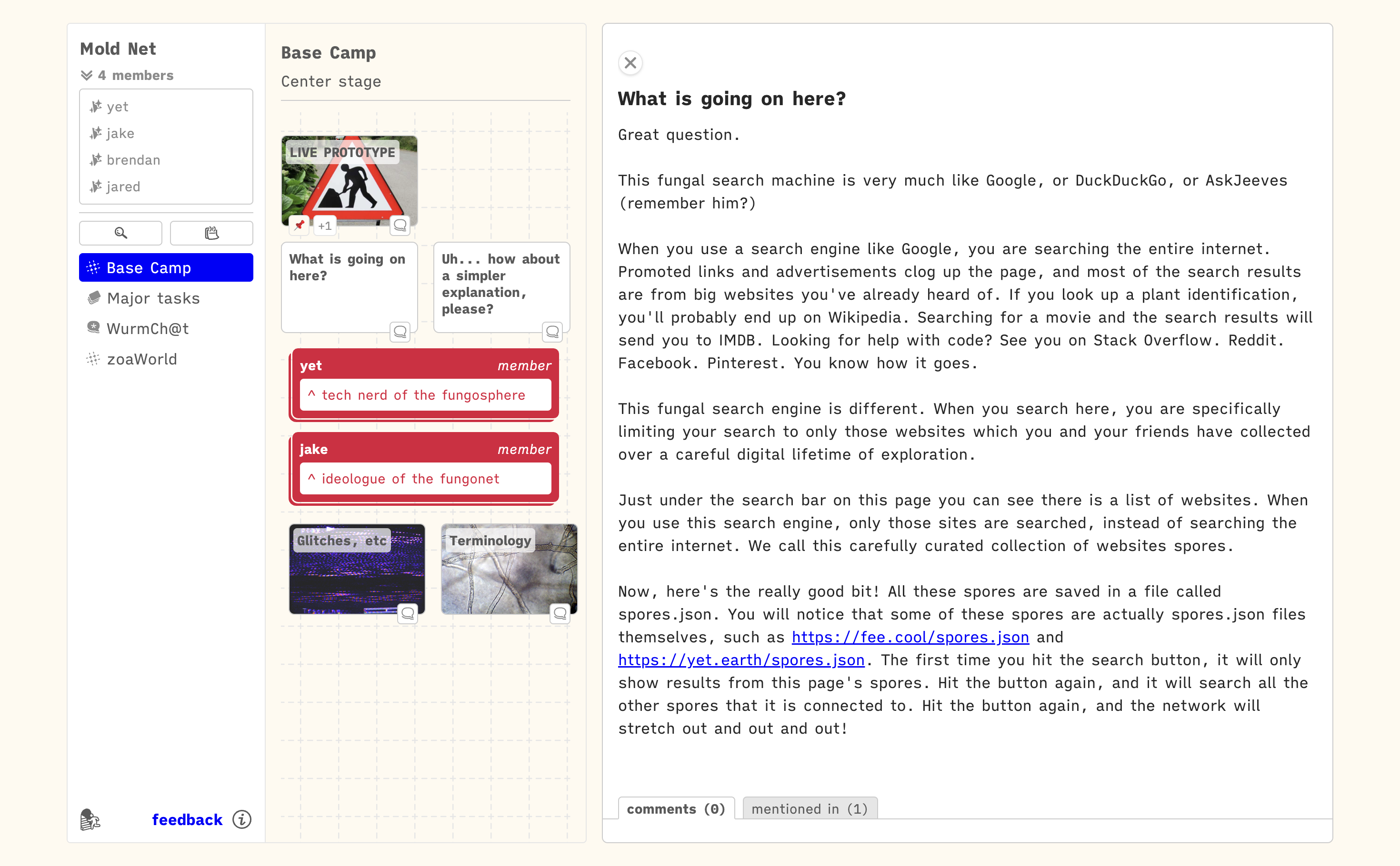 a screenshot of Moldnet, a Hyperlink Space in which two friends collaborate on building a new kind of search engine